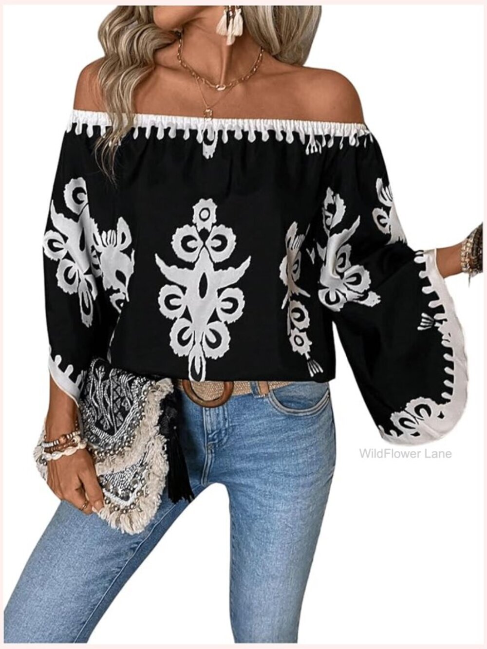 Off The Shoulder Bell Long Sleeve Top Allover Print Blouse